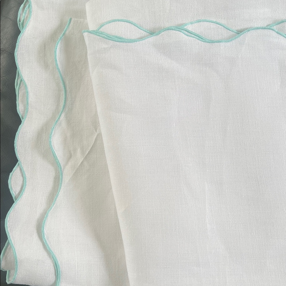 Absolutely gorgeous white linen tablecloth with aqua stitched scalloped edges.